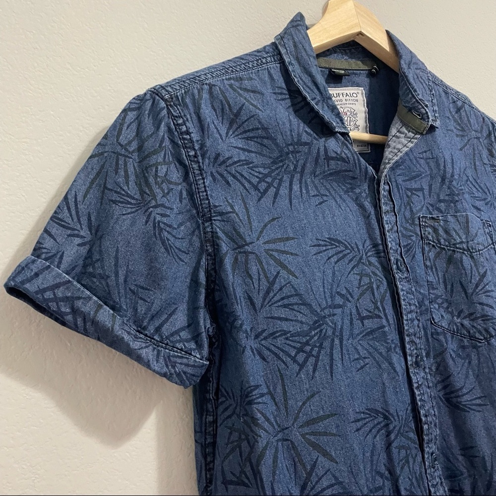 Buffalo David Bitton Shirt Button Down Collared Cotton Palm Chambray Print Men S - Picture 8 of 13